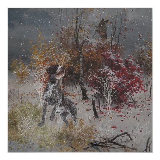 Duitse Wirehaire Pointer met houthakken in de wint Perfect Poster (Voorkant)