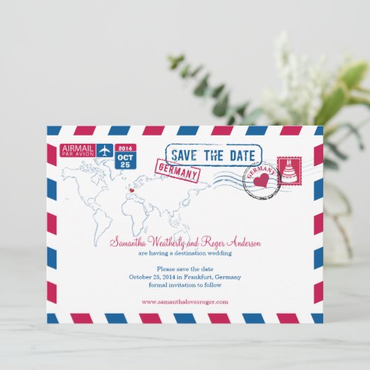 Duitsland Air Mail Wedding Save the Date (Staand voorkant)