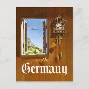 Duitsland, houten klok en uitzicht uit het raam briefkaart