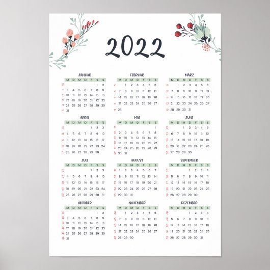 Duitsland Jahreskalender mit KW 2022 A3 Grösse Poster (Voorkant)