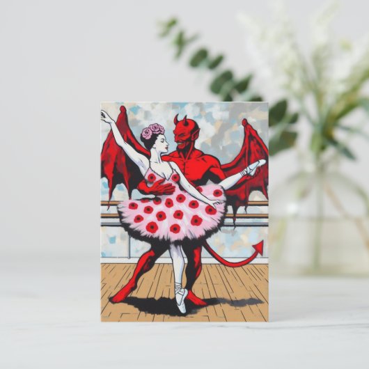 Duivel danst met ballerina in een poppy jurk briefkaart (Staand voorkant)