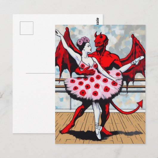 Duivel danst met ballerina in een poppy jurk briefkaart (Voorkant / Achterkant)