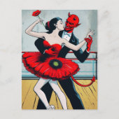 Duivel danst met een vrouw in een rode papaver jur briefkaart (Voorkant)