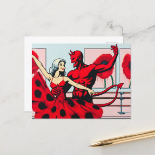 Duivel danst met een vrouw in een rode papaver jur briefkaart