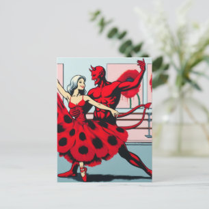 Duivel danst met een vrouw in een rode papaver jur briefkaart