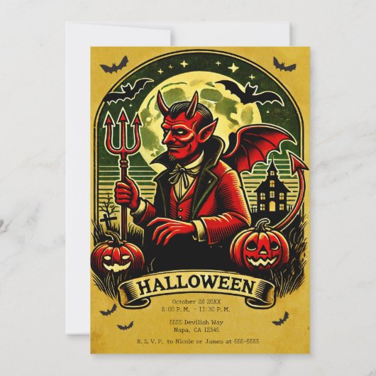  Duivel in Graveyard Yellow Halloween Party Kaart (Achterkant)