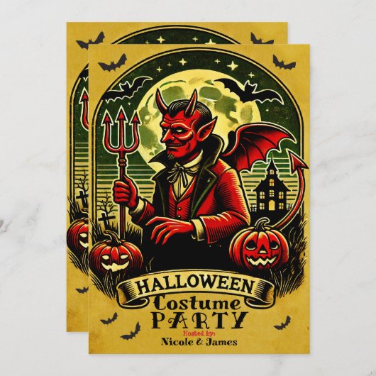Duivel in Graveyard Yellow Halloween Party Kaart (Voorkant / Achterkant)