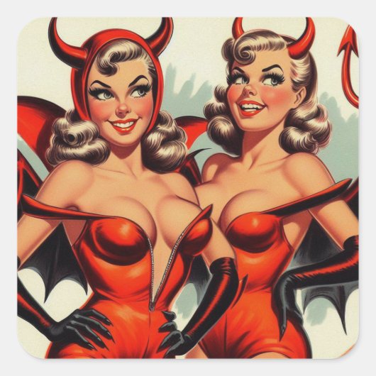  duivel meisjes illustratie vierkante sticker (Voorkant)