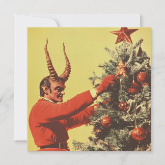 Duivel versiert de kerstboom feestdagenkaart