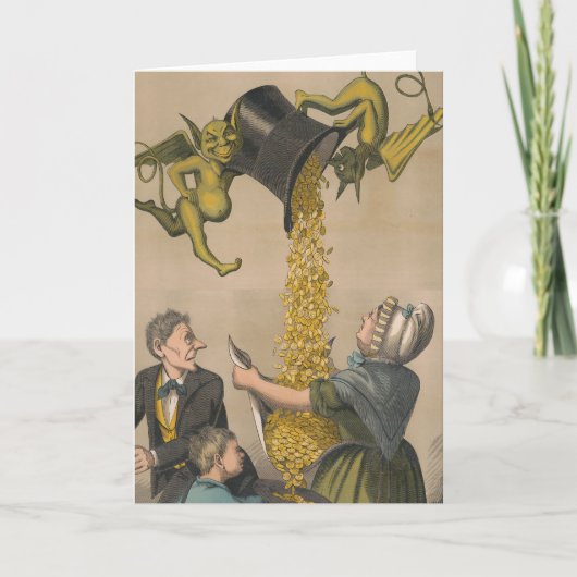 Duivels gieten gouden munten in het Schort van de  Kaart (Voorkant)
