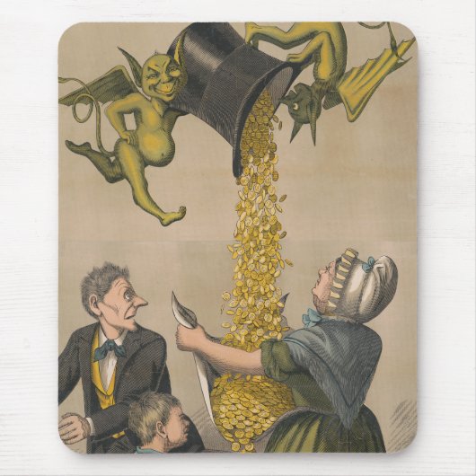 Duivels gieten gouden munten in het Schort van de  Muismat (Voorkant)