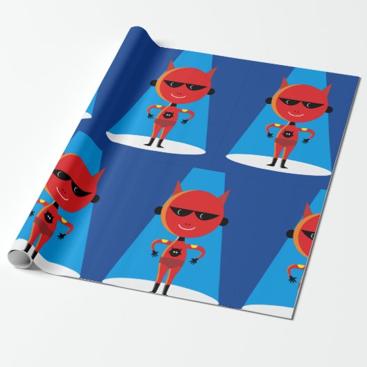 Duivelse superheldenpersonage vet rood en blauw cadeaupapier (Uitgerold)