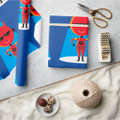 Duivelse superheldenpersonage vet rood en blauw cadeaupapier