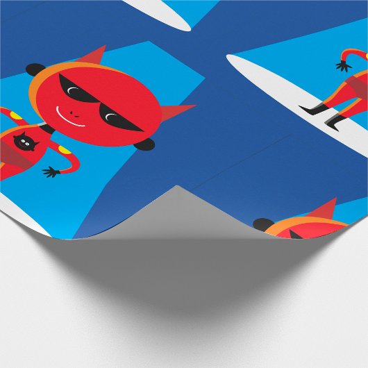Duivelse superheldenpersonage vet rood en blauw cadeaupapier