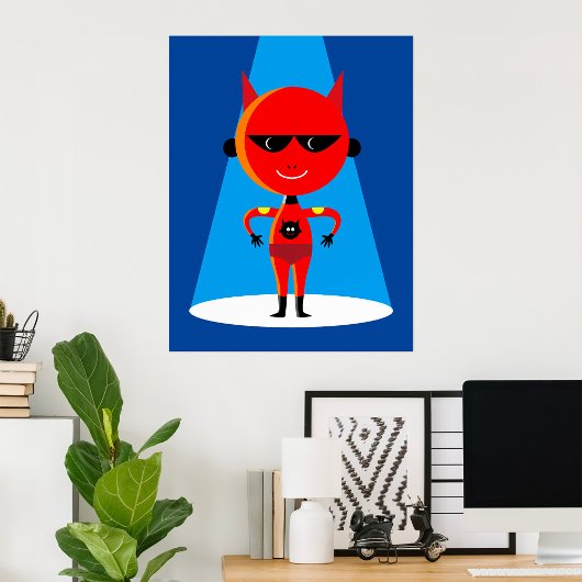 Duivelse superheldenpersonage vet rood en blauw poster