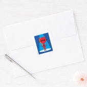 Duivelse superheldenpersonage vet rood en blauw vierkante sticker