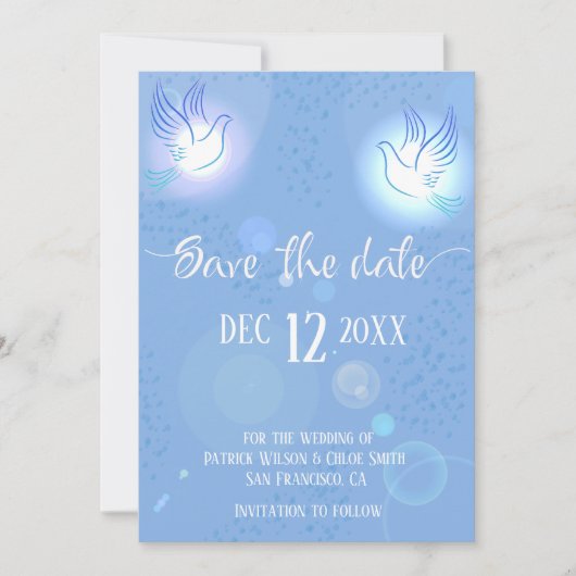 Duiven Bruiloft Blauwe Verlichting Save The Date (Voorkant)