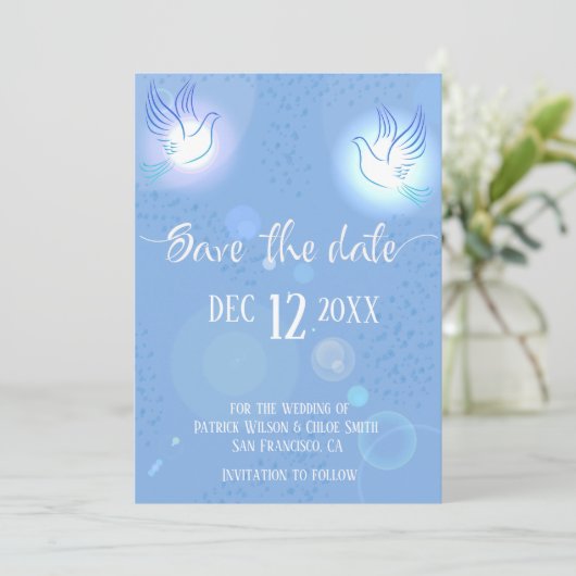 Duiven Bruiloft Blauwe Verlichting Save The Date (Staand voorkant)