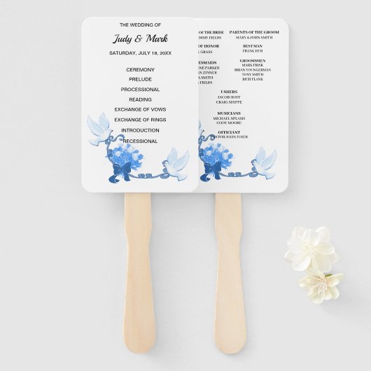 Duiven en blauwe bloemen bruiloft programma handwaaier (Voorkant en achterkant)
