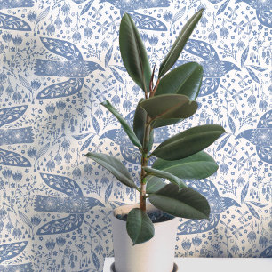 Duiven en Bloemen Blauwe en Witte Vogel Kunst Behang