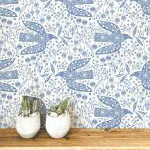 Duiven en Bloemen Blauwe en Witte Vogel Kunst