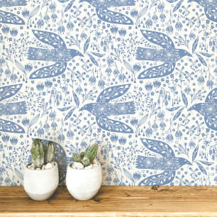 Duiven en Bloemen Blauwe en Witte Vogel Kunst Behang