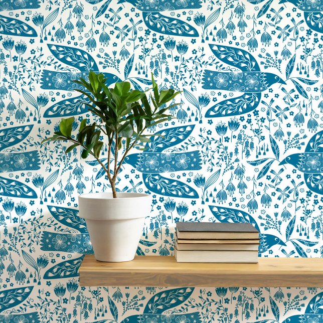 Duiven en bloemen Blauwgroen en witte vogelkunst Behang (Doves and flowers bird art peel and stick wallpaper)