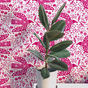 Duiven en Bloemen Magenta Roze en Witte Vogel Kuns Behang