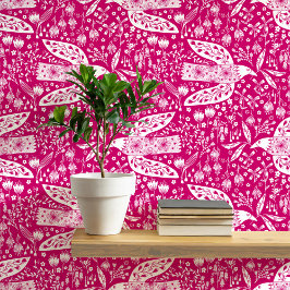 Duiven en bloemen op Pink Bird Art Behang