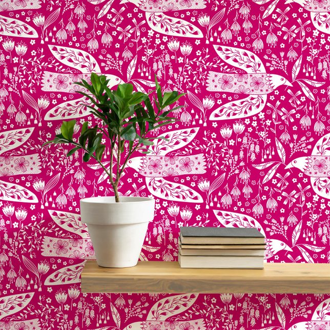 Duiven en bloemen op Pink Bird Art Behang (Doves and Flowers pretty folk art style bird and botanical floral pattern peel and stick wallpaper)