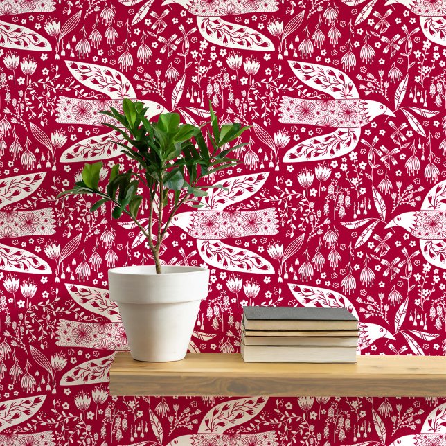Duiven en bloemen op Red Bird Art Behang (Doves and Flowers pretty folk art style bird and botanical floral pattern peel and stick wallpaper)