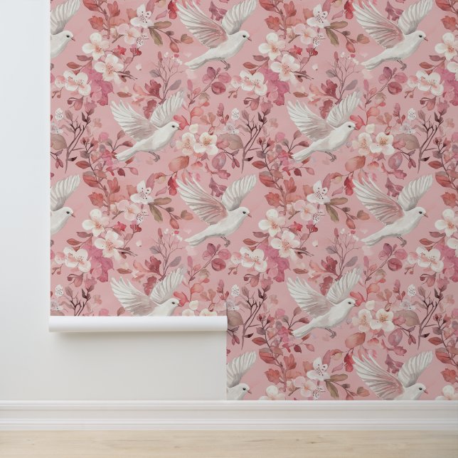 duiven en bloemen op roze achtergrond behang (Applicatie)