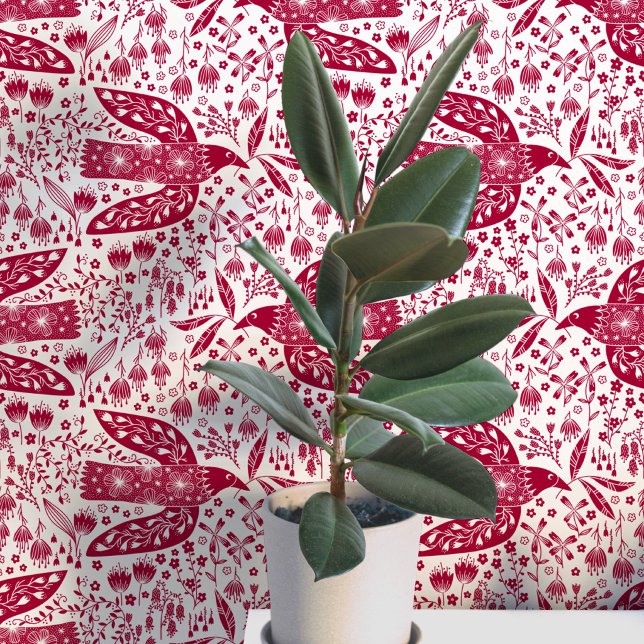 Duiven en Bloemen Rood en Wit Vogel Kunst Behang (Doves and flowers bird art peel and stick wallpaper)