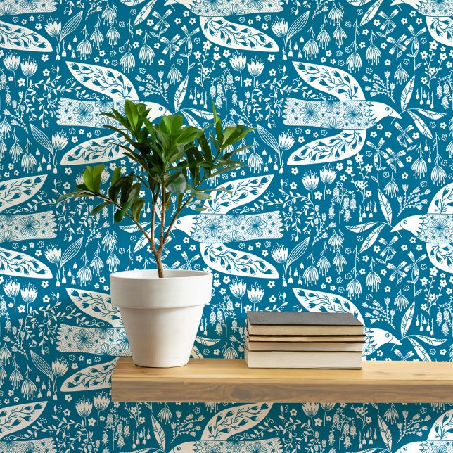 Duiven en bloemen wit op Blauwgroen groene vogelku Behang (Doves and Flowers pretty folk art style bird and botanical floral pattern peel and stick wallpaper)