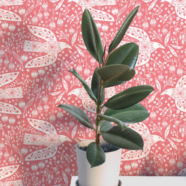 Duiven en Bloemen Wit op Koraalrode Vogel Kunst Behang (Doves and flowers bird art peel and stick wallpaper)