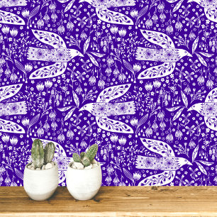 Duiven en Bloemen Wit op Paarse Vogel Kunst Behang
