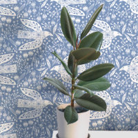 Duiven en Bloemen Wit op Stofblauwe Vogel Kunst