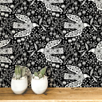 Duiven en Bloemen Wit op Zwarte Vogel Kunst