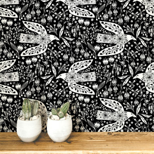 Duiven en Bloemen Wit op Zwarte Vogel Kunst Behang