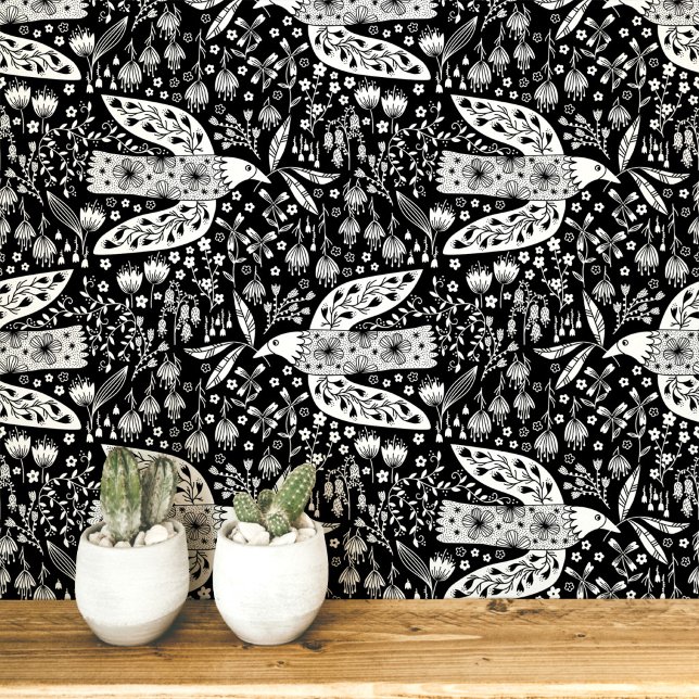 Duiven en Bloemen Wit op Zwarte Vogel Kunst Behang (Doves and flowers bird art peel and stick wallpaper)