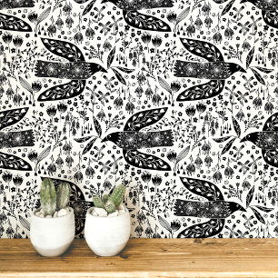 Duiven en Bloemen Zwart-Wit Vogel Kunst Behang