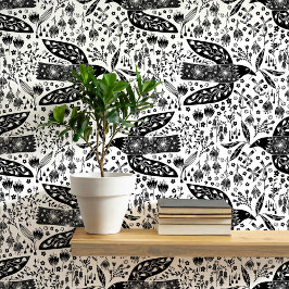 Duiven en bloemen Zwart-wit Vogelkunst Behang