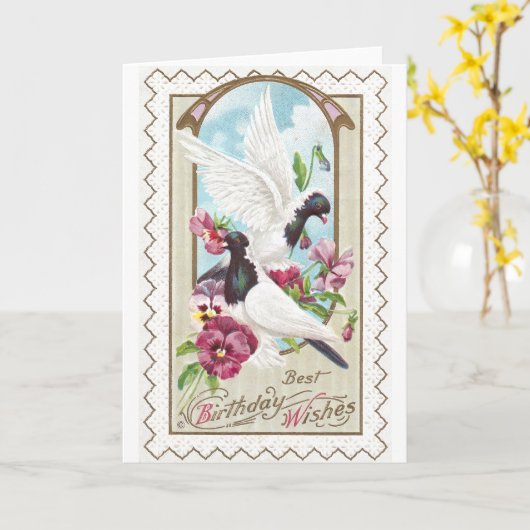 Duiven en Pansies  Verjaardag Kaart (Gele Bloem)