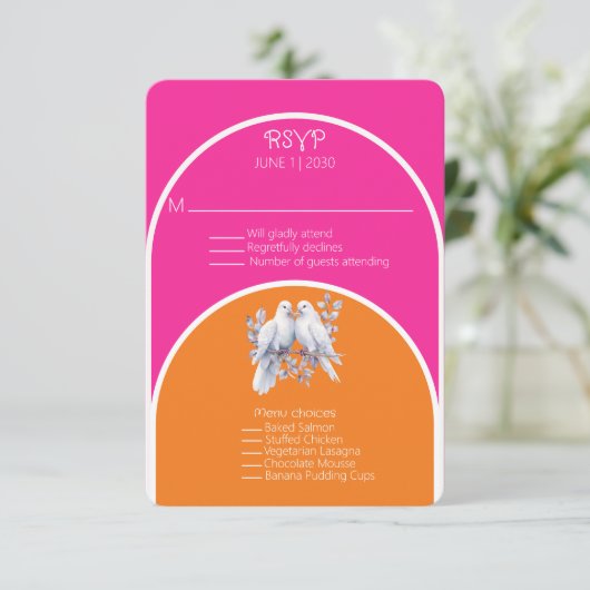 Duiven en ringen Hot Pink en Tangerine Arched (Staand voorkant)