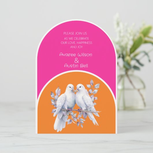 Duiven en ringen Hot Pink en Tangerine Arched Kaart (Staand voorkant)