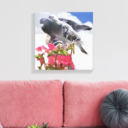 Duiven en roze geraniumbloemen canvas afdruk (Insitu (Woonkamer))
