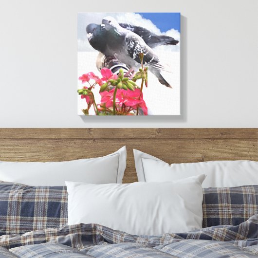 Duiven en roze geraniumbloemen canvas afdruk (Insitu (Slaapkamer))