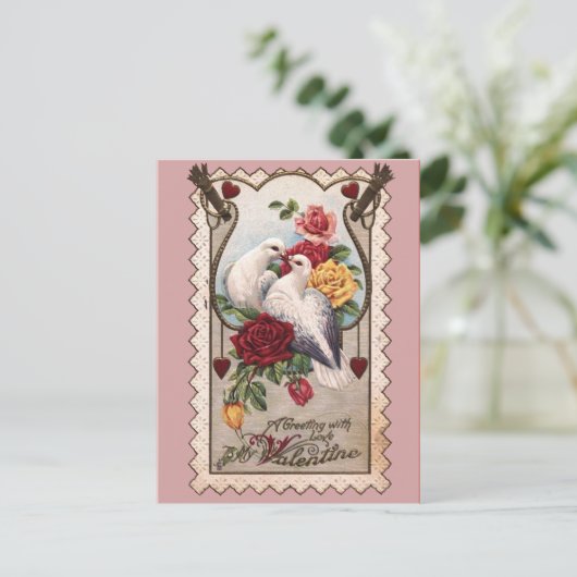 Duiven en Rozen op roze Victoriaans Valentijn Kaar Feestdagenkaart (Staand voorkant)
