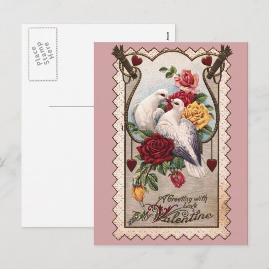 Duiven en Rozen op roze Victoriaans Valentijn Kaar Feestdagenkaart (Voorkant / Achterkant)