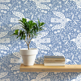 Duiven en witte bloemen op Dusty Blue Bird Art Behang